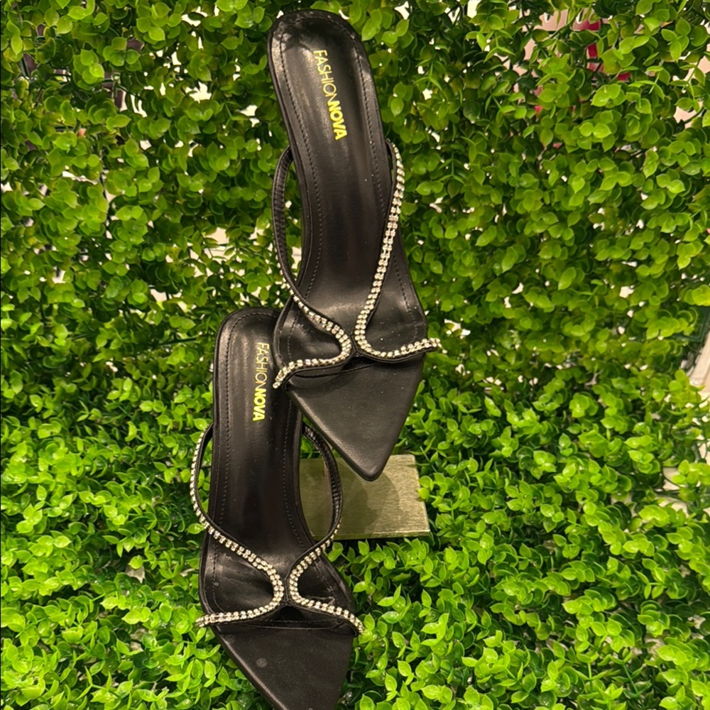 Fashion Nova Black Rhinestone-Trim Heeled Sandals